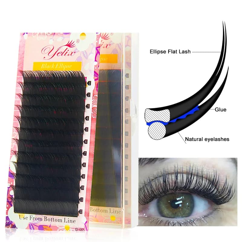 Sambungan Bulu Mata Tip Split Elips Rata Hitam 0.15-0.20mm