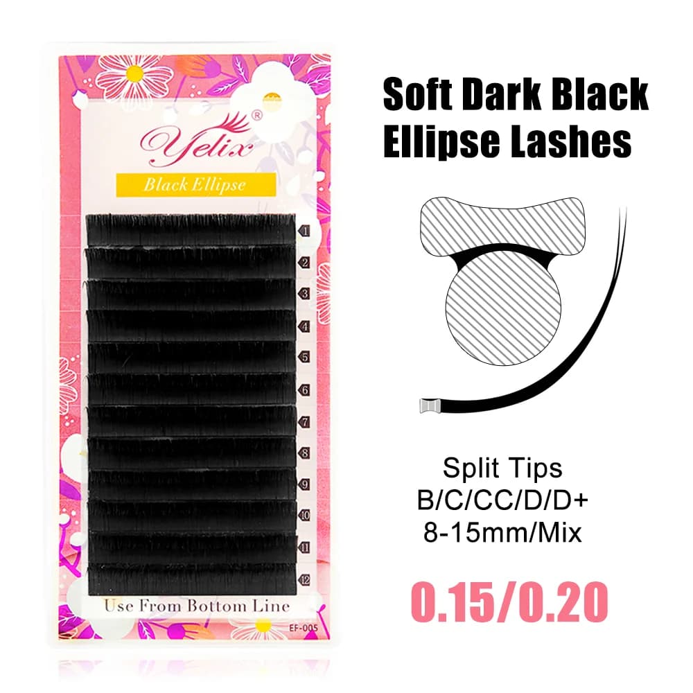 Sambungan Bulu Mata Hitam Ujung Pecah Rata Elips 0.15-0.20mm